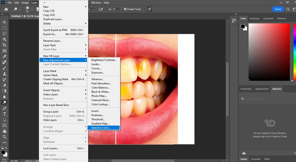 ابزار Selective Color Adjustment Layer برای از بین بردن زردی دندان در فتوشاپ